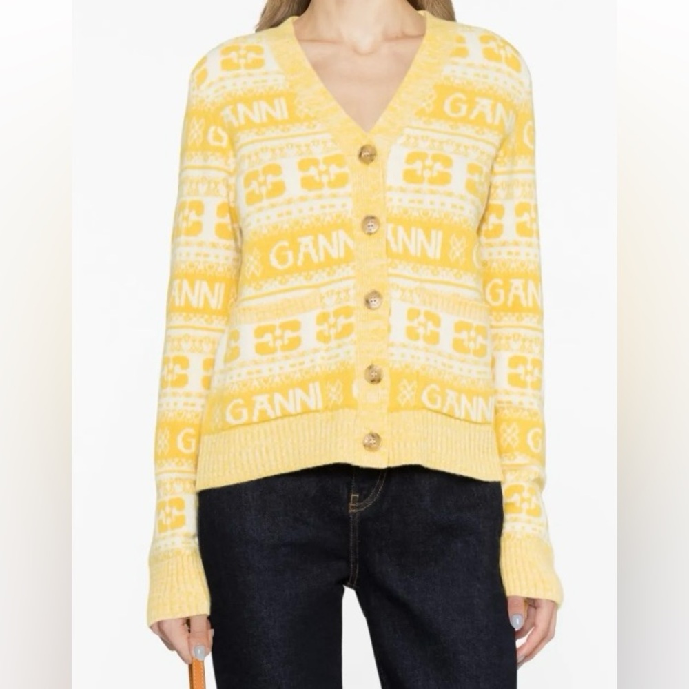 NWT GANNI Yellow Jacquard Wool Cardigan XS